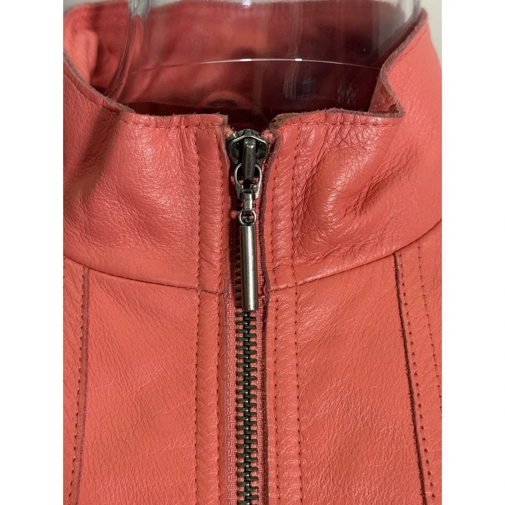 Wilsons Leather Maxima Moto Jacket‎ Womens Large Orange Biker Collarless Zip Up